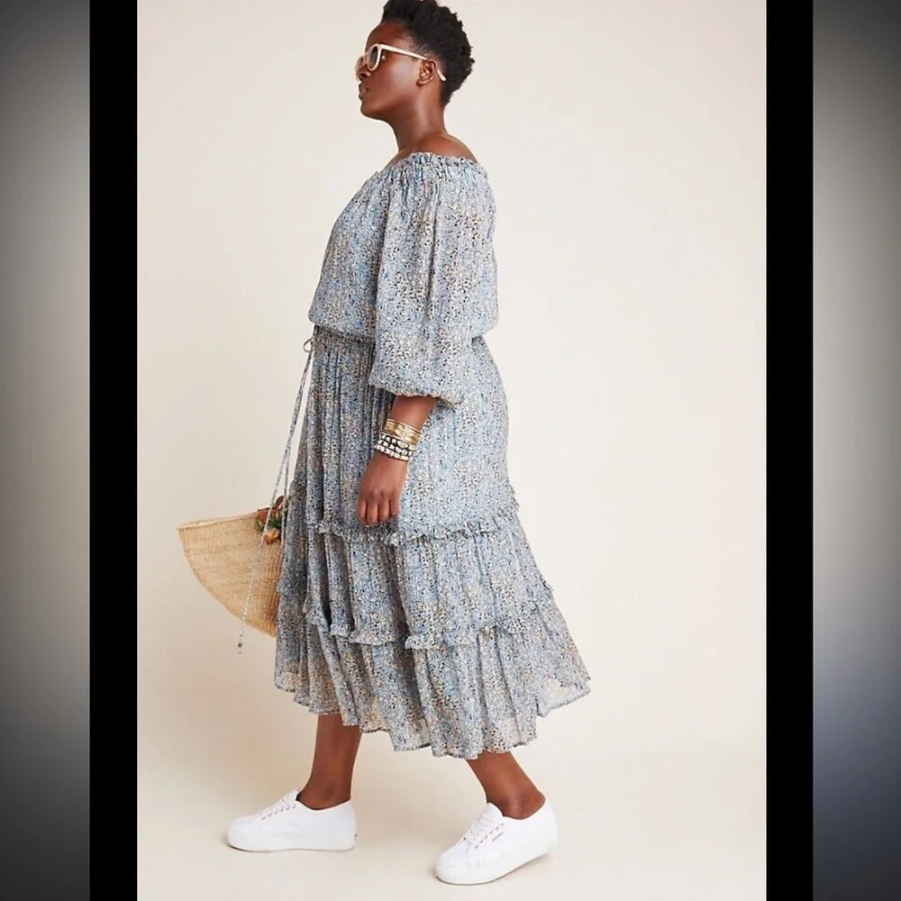 By Anthropologie Blue Kira Off-The-Shoulder Adjustable TieWaist Peasant Dress 14 - Picture 3 of 16
